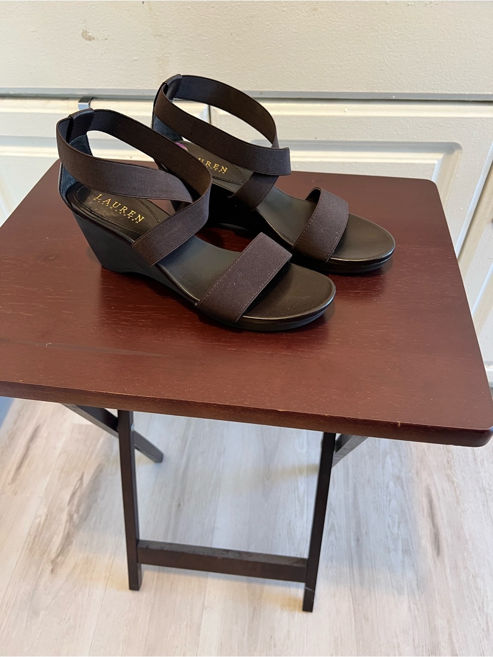 Lauren Ralph Lauren Renee Dark Brown Elastic-Strap Wedge Sandals Size 8.5B